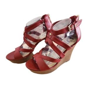 G by GUESS Red Strappy Wedge Sandals Wood Grain Platform Heels Size 9M